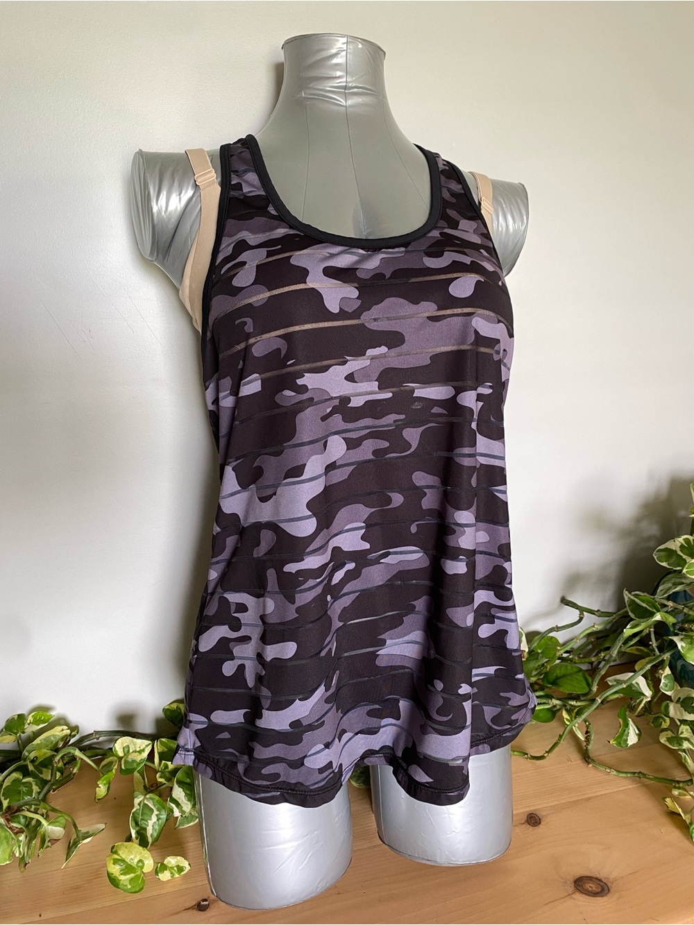 Zyia Havana mesh-stripe tank, black camo, Large